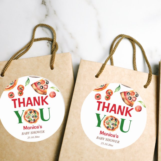 Slice slice baby shower Italian pizza favour  Classic Round Sticker (Slice slice baby shower Italian pizza favor Sticker pizza party thank you stickers red green white)