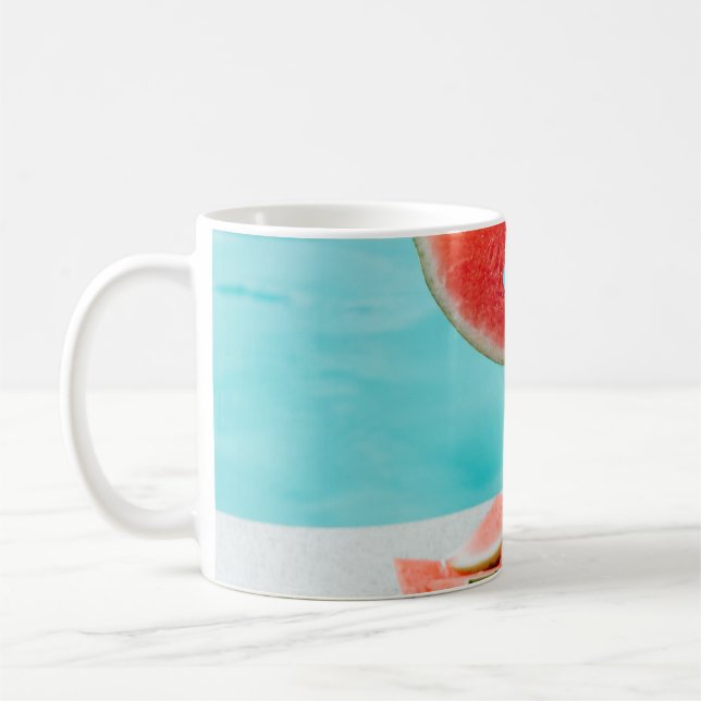 Sliced watermelon on white paper coffee mug (Left)