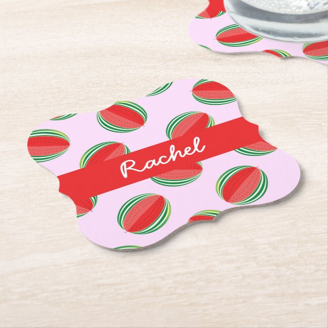 Sliced watermelon pattern on pink paper coaster (Angled)