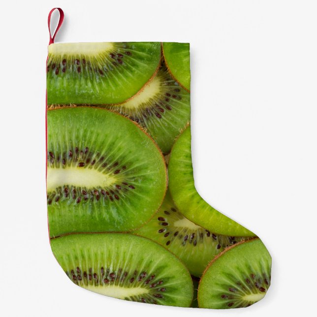 Slices of fresh and ripe kiwi fruit in rowsbrown,c small christmas stocking (Front)