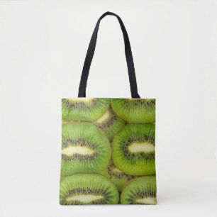 Slices of fresh and ripe kiwi fruit in rowsbrown,c tote bag