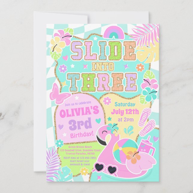 Slide Into Three Preppy Girl Pool Party Birthday  Invitation (Front)