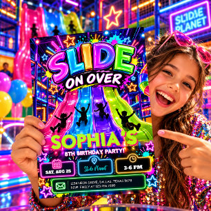 Slide On Over Neon Indoor Playground Birthday  Invitation