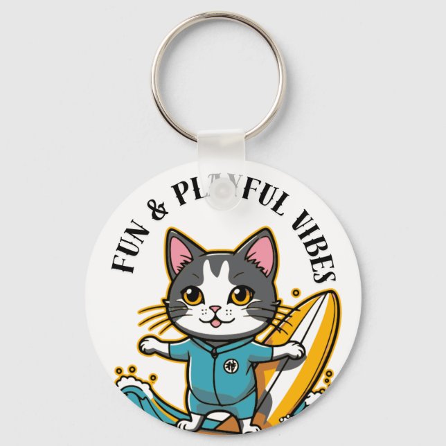 Sliding Cat Fun & Playful Vibes Key Ring (Front)