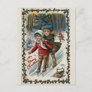 "Sliding down the Hill" Vintage Christmas Postcard