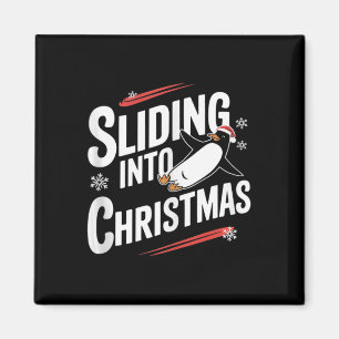 Sliding Into Christmas - Funny Penguin Christmas Magnet