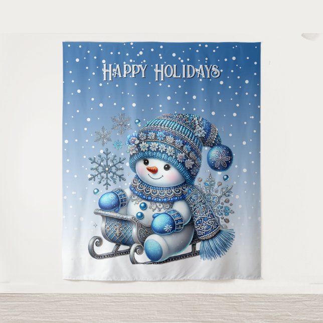 Sliding Snowman Christmas Holiday Backdrop Tapestry (Front)