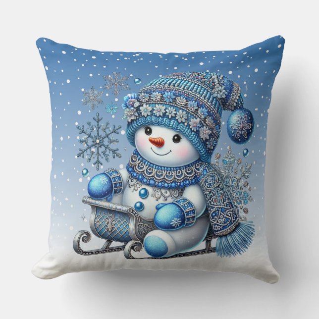 Sliding Snowman Christmas Holiday Throw Pillow (Front)