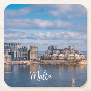 Sliema harbour and skyscrapers in Malta Square Paper Coaster