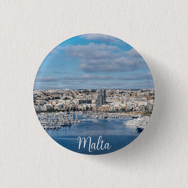 Sliema harbour with modern buildings and boats 3 cm round badge (Front)