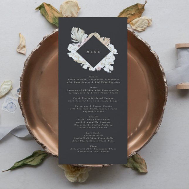 Slim Charcoal Cream Pampas Grass Floral Wedding Menu (Creator Uploaded)