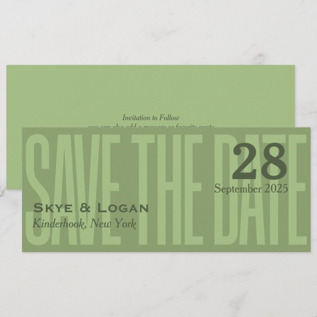 Slim Elegant Typography Green Save The Date (Front/Back)