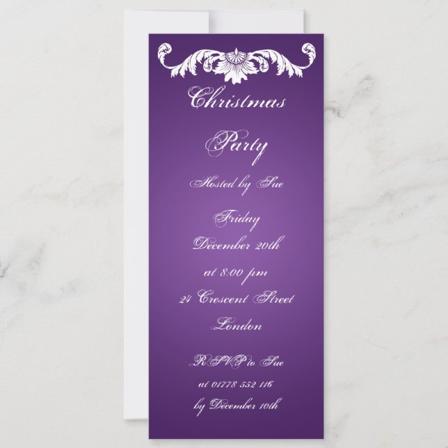 Slim Party Invite Vintage Ornament on Purple (Front)