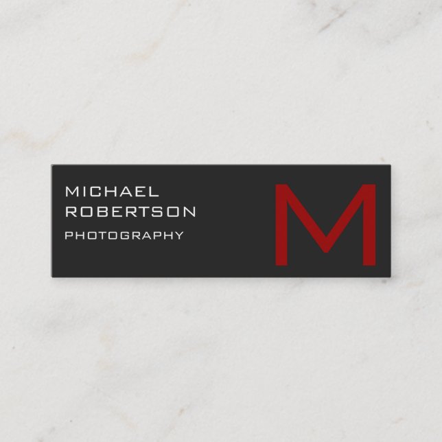 Slim Red Grey Monogram Photographer Business Card (Front)