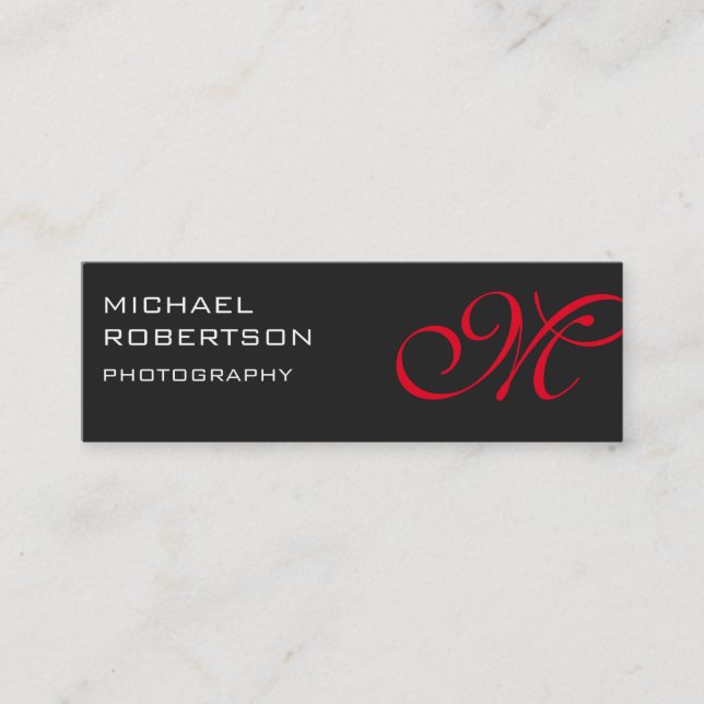 Slim Red Grey Monogram Photographer Business Card (Front)