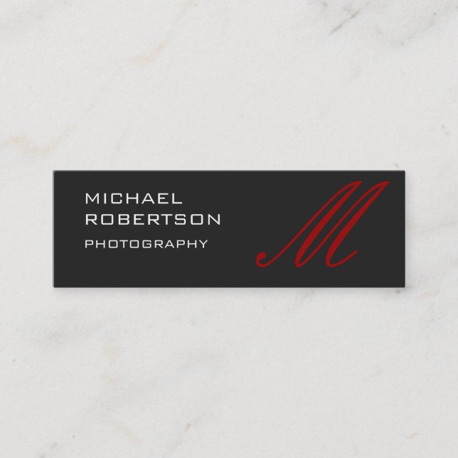 Slim Red Grey Monogram Photographer Business Card (Front)