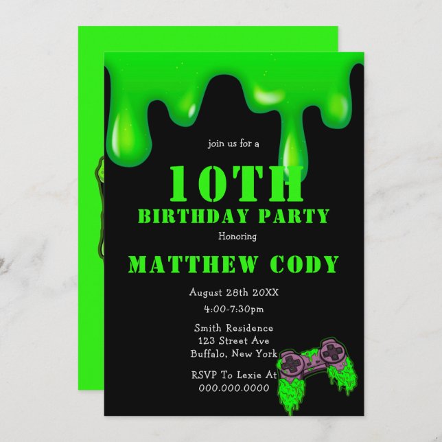 Slime and Games Boy 10th Birthday Party Invites (Front/Back)