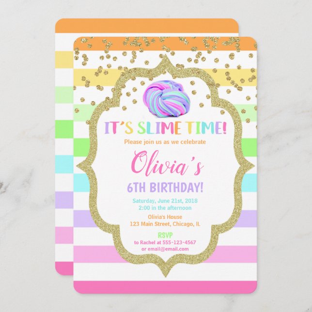 Slime birthday invitation, pastel rainbow girl invitation (Front/Back)