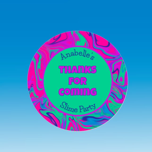 Slime Birthday Party Colourful Cool Pink Thank you Classic Round Sticker (Customize party favor thank you gift sticker. Cool colorful pink purple slime party sticker.)