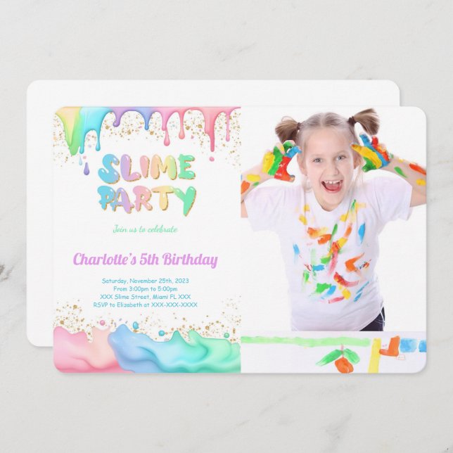 Slime Birthday Party Photo Invitation (Front/Back)