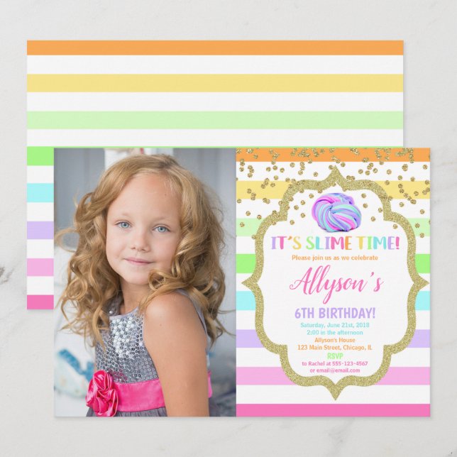 Slime birthday photo pastel rainbow girl invitation (Front/Back)