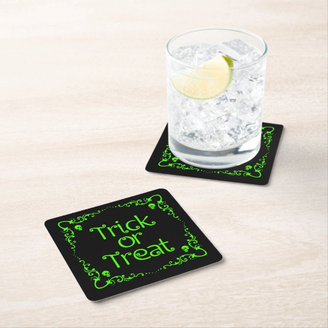 Slime Green Trick or Treat Square Paper Coaster (Insitu)
