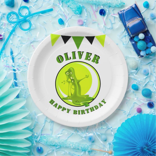 Slime Monster Funny Kid`s Name Happy Birthday Paper Plate (Party)