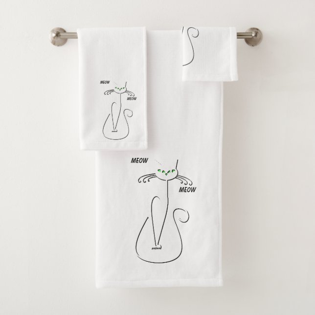 Slinky Black Cat Meow Meow Custom Text Green Eyes Bath Towel Set (Insitu)