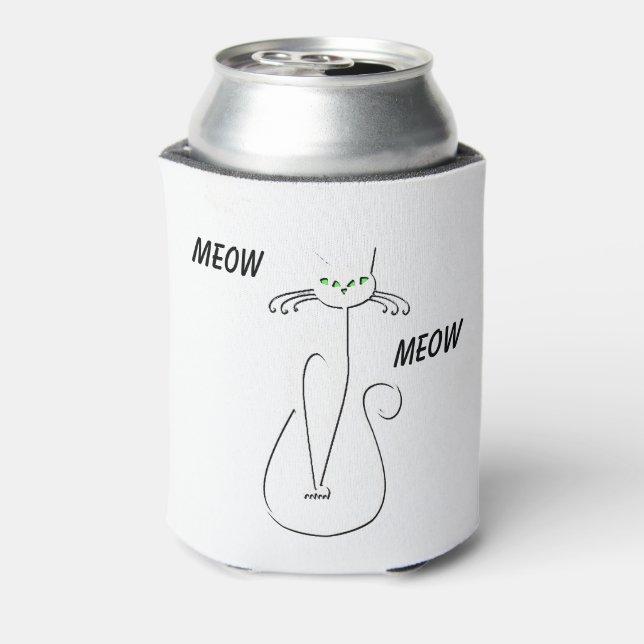 Slinky Black Cat Meow Meow Custom Text Green Eyes Can Cooler (Can Back)