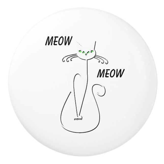 Slinky Black Cat Meow Meow Custom Text Green Eyes Ceramic Knob (Front)