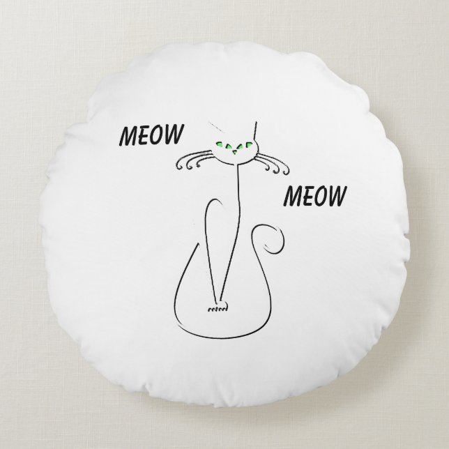Slinky Black Cat Meow Meow Custom Text Green Eyes Round Cushion (Front)