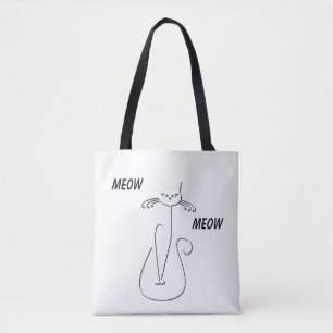 Slinky Black Cat Meow Meow Custom Text Green Eyes Tote Bag