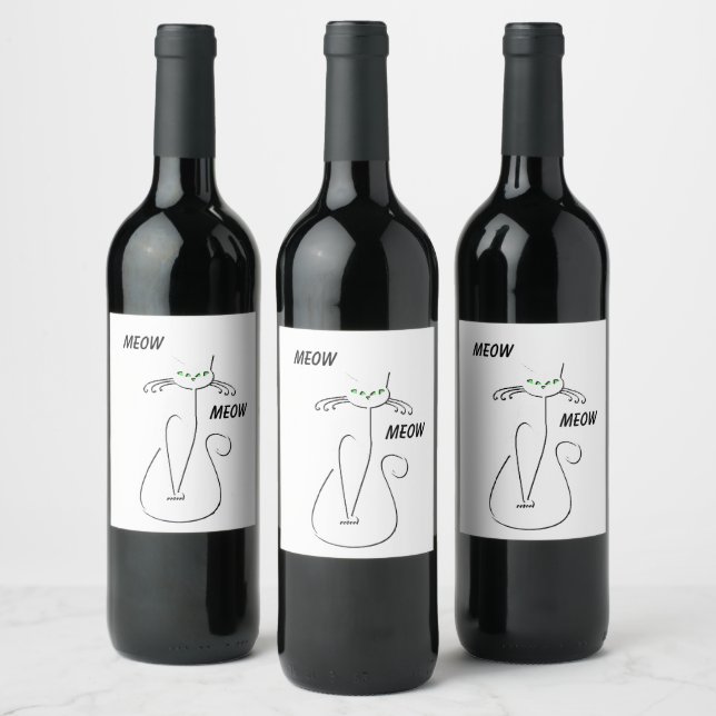 Slinky Black Cat Meow Meow Custom Text Green Eyes Wine Label (Bottles)