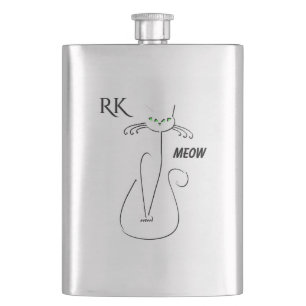 Slinky Black Cat Meow Meow Green Eyes Monogramr Hip Flask