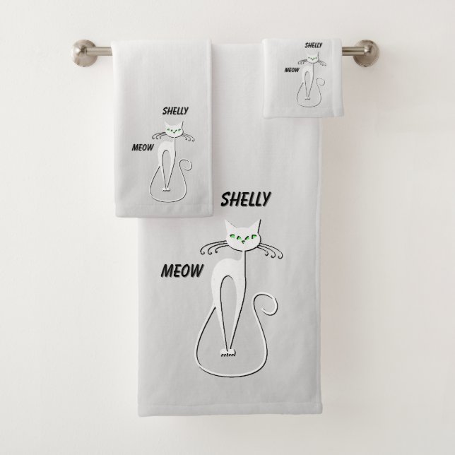 Slinky Black Cat Meow Meow Green Eyes on silver Bath Towel Set (Insitu)