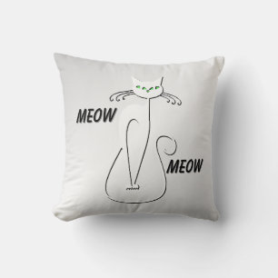 Slinky Black Cat Meow Meow Green Eyes on silver Cushion