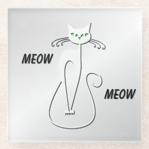 Slinky Black Cat Meow Meow Green Eyes on silver Glass Coaster