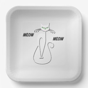 Slinky Black Cat Meow Meow Green Eyes on silver Paper Plate