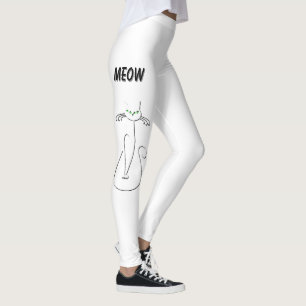 Slinky Black Cat Meow Meow Green Eyes on White Leggings