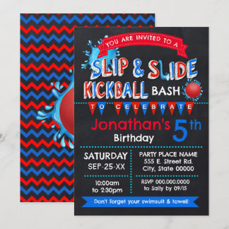 Slip and Slide Kickball Birthday Red White Blue Invitation