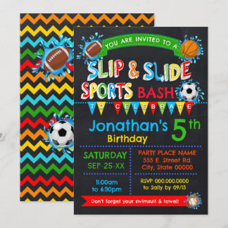 Slip & Slide Sports Birthday Bash Primary Colours Invitation