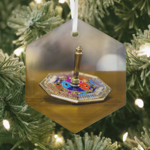 SlipperyJoe Hanukkah dreidel gift octagonal base b Glass Tree Decoration