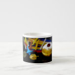 SlipperyJoe Hanukkah symbolic still life holiday e Espresso Cup<br><div class="desc">SlipperyJoe Hanukkah symbolic still life holiday essence vibrant meaningful objects colourful slender pile menorah candles artistic red blue yellow and white sufganiyah doughnut classic jelly-filled commemorate miracle of the oil dreidels metallic gold glossy blue Hebrew great miracle happened there metallic pewter star of David medallion light resilience community themes spiritual...</div>