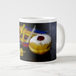 SlipperyJoe Hanukkah symbolic still life holiday e Large Coffee Mug<br><div class="desc">SlipperyJoe Hanukkah symbolic still life holiday essence vibrant meaningful objects colourful slender pile menorah candles artistic red blue yellow and white sufganiyah doughnut classic jelly-filled commemorate miracle of the oil dreidels metallic gold glossy blue Hebrew great miracle happened there metallic pewter star of David medallion light resilience community themes spiritual...</div>