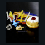 SlipperyJoe Hanukkah symbolic still life holiday e Poster<br><div class="desc">SlipperyJoe Hanukkah symbolic still life holiday essence vibrant meaningful objects colourful slender pile menorah candles artistic red blue yellow and white sufganiyah doughnut classic jelly-filled commemorate miracle of the oil dreidels metallic gold glossy blue Hebrew great miracle happened there metallic pewter star of David medallion light resilience community themes spiritual...</div>
