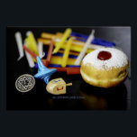 SlipperyJoe Hanukkah symbolic still life holiday e Poster<br><div class="desc">SlipperyJoe Hanukkah symbolic still life holiday essence vibrant meaningful objects colourful slender pile menorah candles artistic red blue yellow and white sufganiyah doughnut classic jelly-filled commemorate miracle of the oil dreidels metallic gold glossy blue Hebrew great miracle happened there metallic pewter star of David medallion light resilience community themes spiritual...</div>