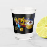 SlipperyJoe Hanukkah symbolic still life holiday e Shot Glass<br><div class="desc">SlipperyJoe Hanukkah symbolic still life holiday essence vibrant meaningful objects colourful slender pile menorah candles artistic red blue yellow and white sufganiyah doughnut classic jelly-filled commemorate miracle of the oil dreidels metallic gold glossy blue Hebrew great miracle happened there metallic pewter star of David medallion light resilience community themes spiritual...</div>