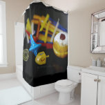 SlipperyJoe Hanukkah symbolic still life holiday e Shower Curtain<br><div class="desc">SlipperyJoe Hanukkah symbolic still life holiday essence vibrant meaningful objects colourful slender pile menorah candles artistic red blue yellow and white sufganiyah doughnut classic jelly-filled commemorate miracle of the oil dreidels metallic gold glossy blue Hebrew great miracle happened there metallic pewter star of David medallion light resilience community themes spiritual...</div>