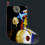 SlipperyJoe Hanukkah symbolic still life holiday e Small Christmas Stocking<br><div class="desc">SlipperyJoe Hanukkah symbolic still life holiday essence vibrant meaningful objects colourful slender pile menorah candles artistic red blue yellow and white sufganiyah doughnut classic jelly-filled commemorate miracle of the oil dreidels metallic gold glossy blue Hebrew great miracle happened there metallic pewter star of David medallion light resilience community themes spiritual...</div>