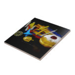 SlipperyJoe Hanukkah symbolic still life holiday e Tile<br><div class="desc">SlipperyJoe Hanukkah symbolic still life holiday essence vibrant meaningful objects colourful slender pile menorah candles artistic red blue yellow and white sufganiyah doughnut classic jelly-filled commemorate miracle of the oil dreidels metallic gold glossy blue Hebrew great miracle happened there metallic pewter star of David medallion light resilience community themes spiritual...</div>